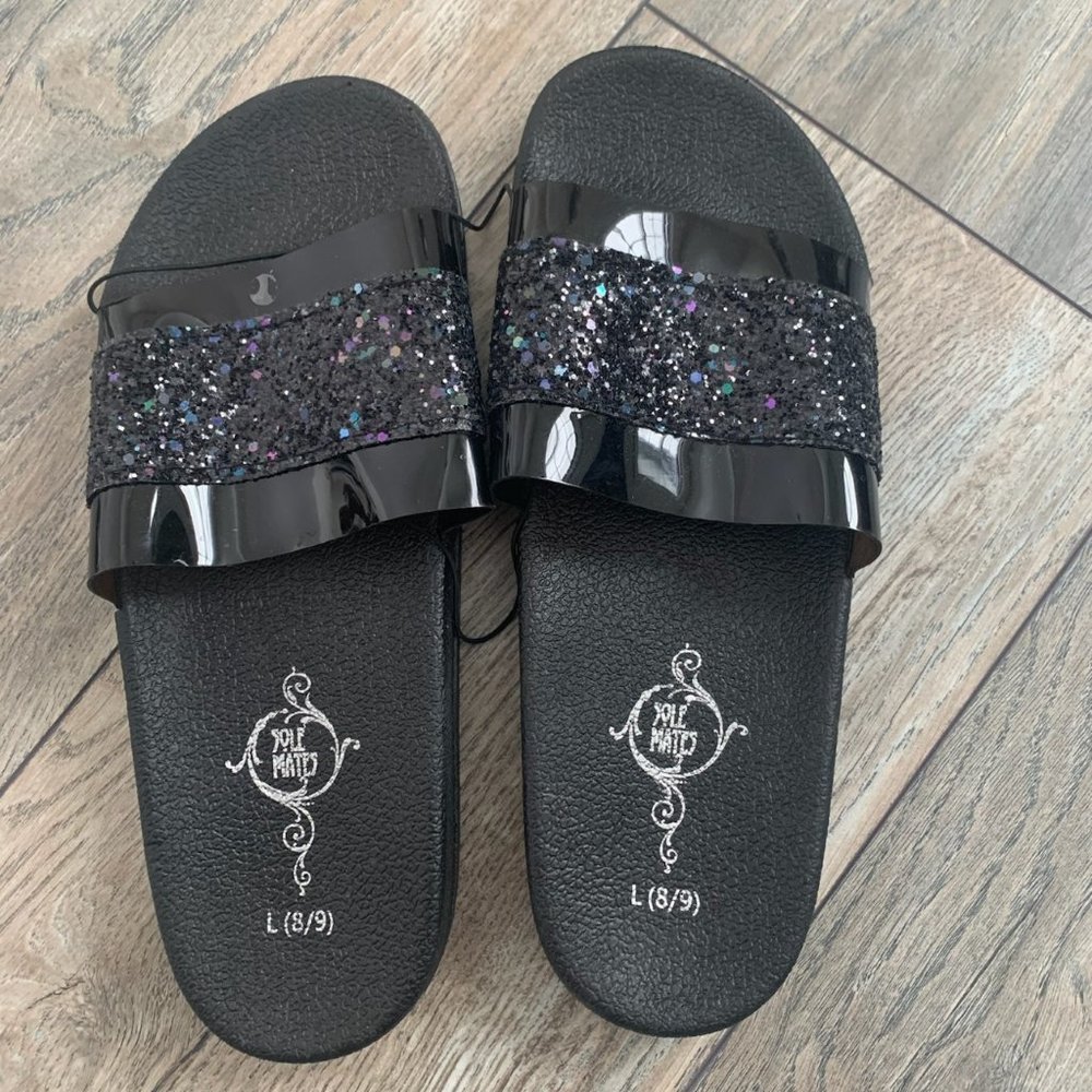 NEW SOLE MATES BLACK SPARKLY SLIDE SANDALS L 8/9